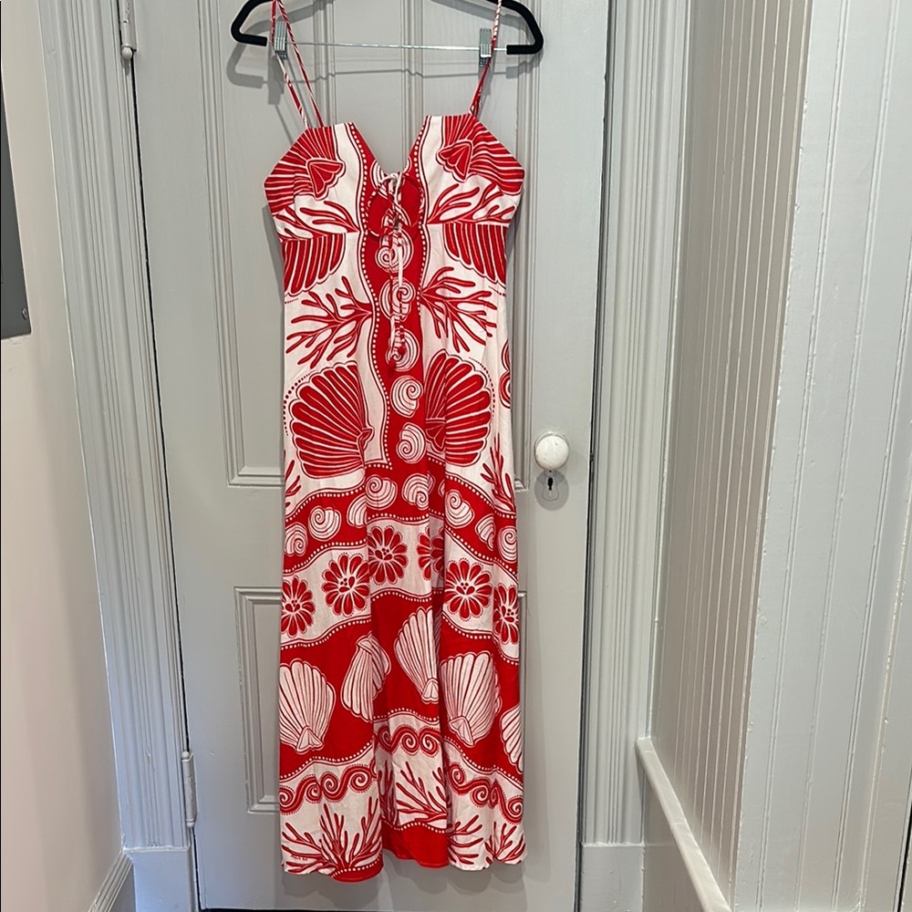 FARM Rio Anika Shell Red and White Maxi Spaghetti Strap Sundress